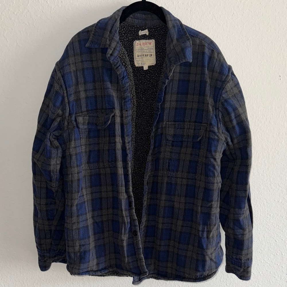 Sherpa-Lined Vintage Style Blue and Gray Plaid Men's Shirt Jacket